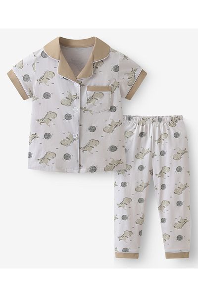 SAPS All Over Dinosaur and Basketball Printed Short Sleeves Shirt and Pyjama Set - Grey and Brown