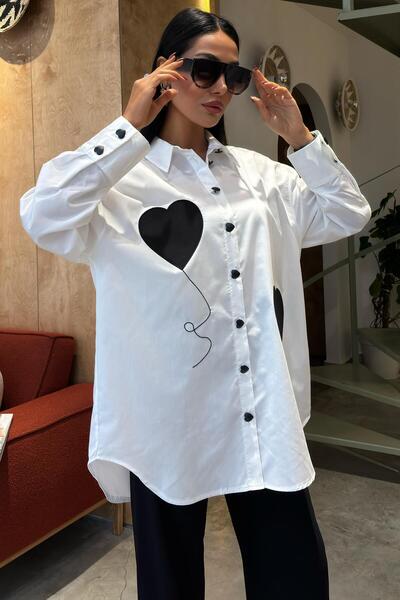 Lijuri Heart Embroidered and Button Detailed Oversize Shirt 3430 R7-A-K4