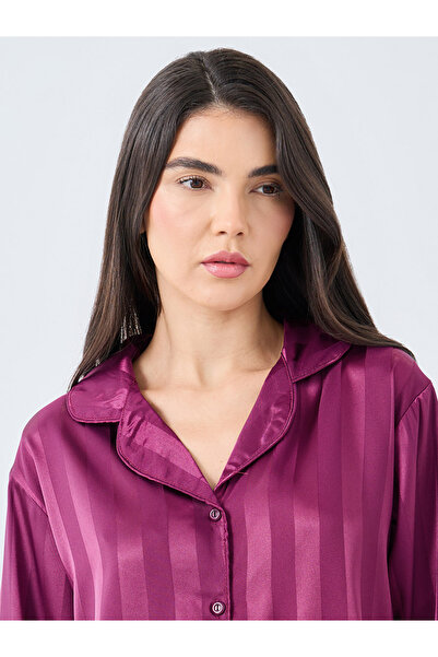 Styli Satin Jacquard Striped Piped Shirt and Pyjama Set