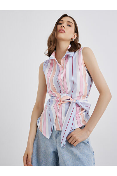Styli بلوزة مخططة بدون أكمام مع تفاصيل ربطة عنق