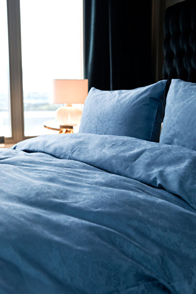 FAVORA Clair Premium 100% Cotton Satin Double Duvet Cover Set - Blue