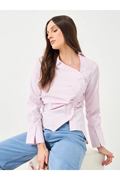 Styli Women Pink Asymmetric Neck Striped Shirt