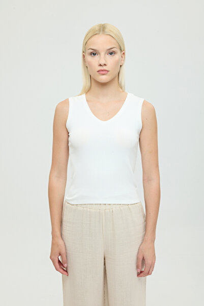 SHEISMONO Μαλακό μπλουζάκι με λαιμόκοψη V, χωρίς μανίκια, εκρού