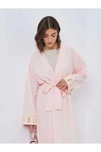 Styli Women Peach Embroidered Detail Long Sleeve Kimono with Tie