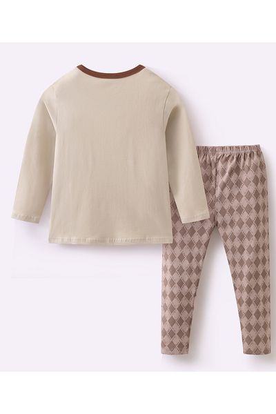 SAPS Construction Vehicle Printed Full Sleeves Night Suit - Beige and Brown