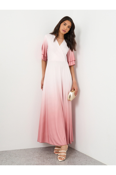 Styli فستان ماكسي بأكمام قصيرة ورقبة على شكل حرف V وطبعة أومبير