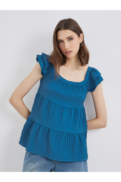 Styli Texture Ruffled Sleeve Square Neck Top