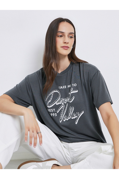 Styli Women Charcoal Graphic Print Oversized T-Shirt