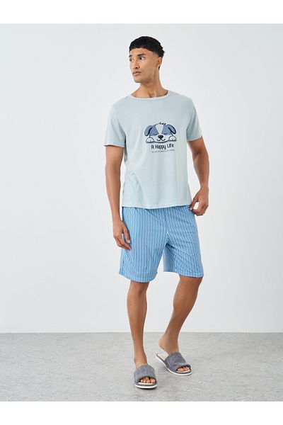 Styli Men Light Blue Graphic T-Shirt and Striped Shorts Set