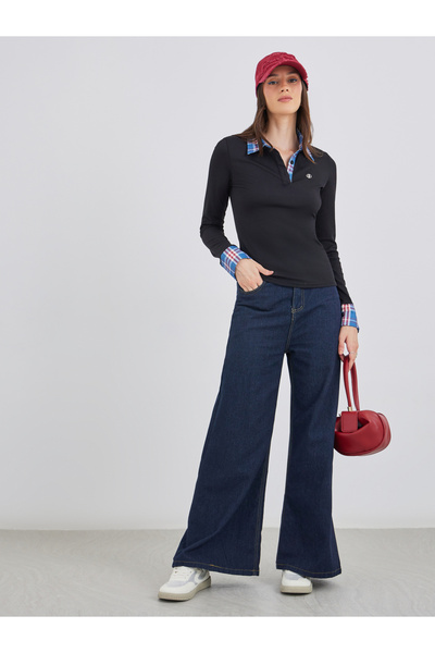 Styli Checked Contrast Collar Long Sleeve Knit Top