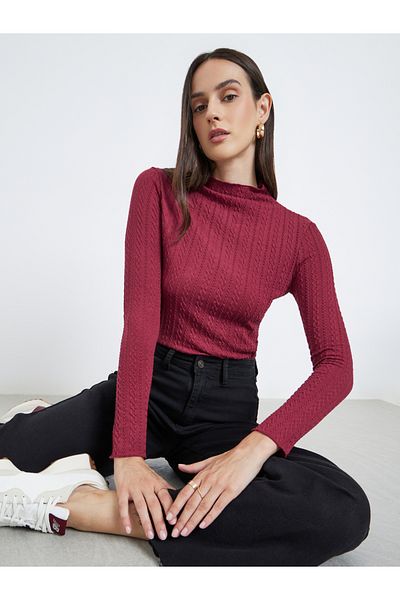 Styli Burgundy Mock Neck Textured Knit Fitted Top