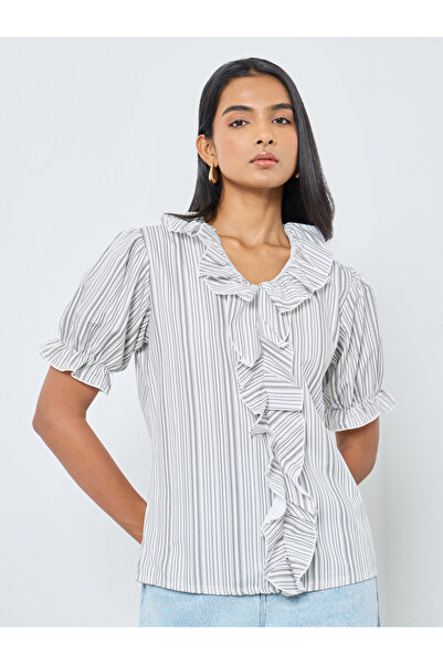 Styli بلوزة مخططة بأكمام منتفخة وتفاصيل كشكشة