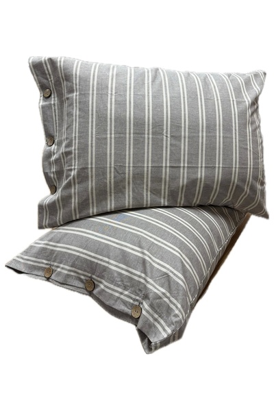 Clasy Ranforce 100% Cotton 2 Pieces Pillow Case Buttoned Striped Gray