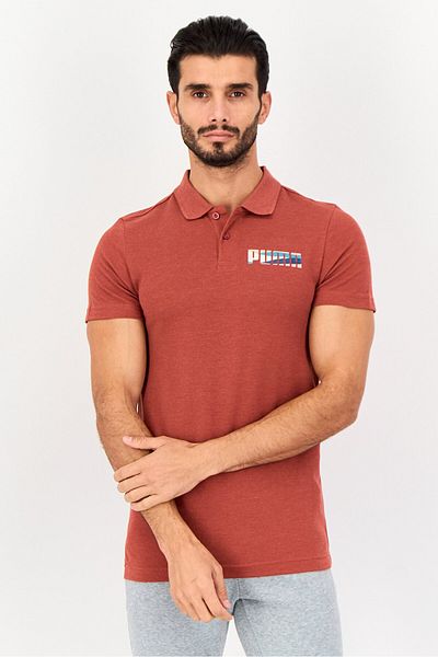 Puma Men Slim Fit Brand Logo Short Sleeves Outdoor Polo Shirt, Spice Red