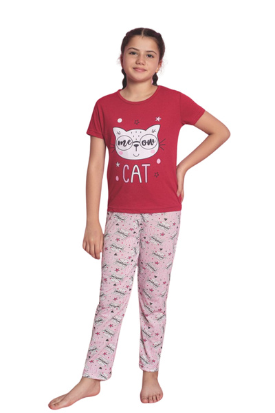 Farya Home Faryakids Pamuklu Kısa Kollu Kedi Desenli Kız Çocuk Pijama Takımı