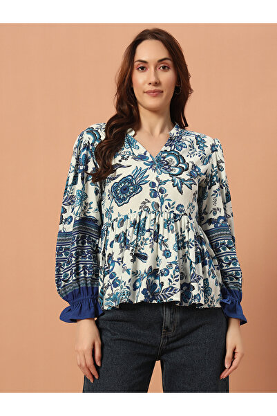 The Dry State By Styli Women Blue Floral Print Peplum Top
