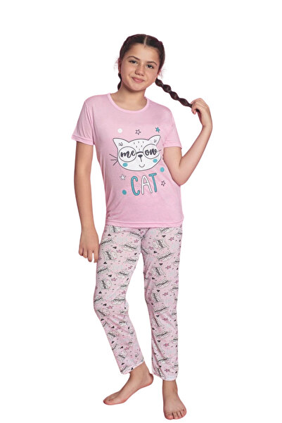 Farya Home Faryakids Cotton Short Sleeve Cat Patterned Girls Pajamas Set