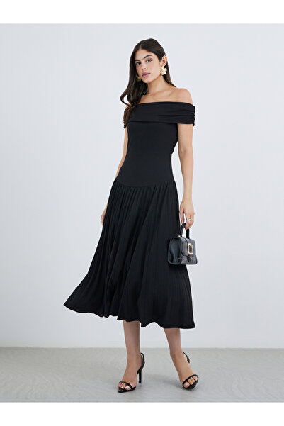 Styli Plain Off Shoulder A-Line Midi Dress