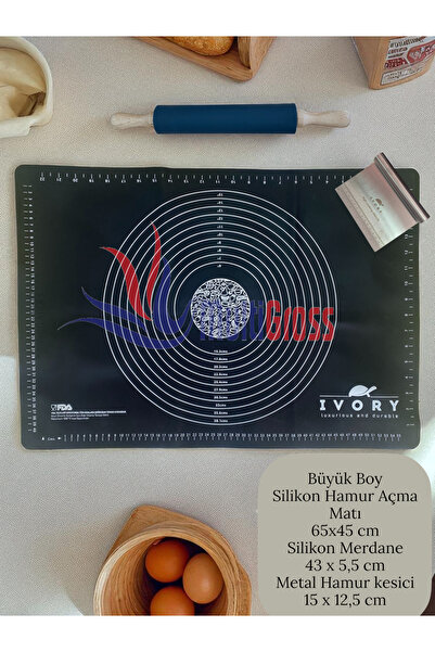 Multiamo Large Size Silicone Dough Rolling Mat Bamboo Handle Silicone Roller Metal Dough Cutting Apparatus Black