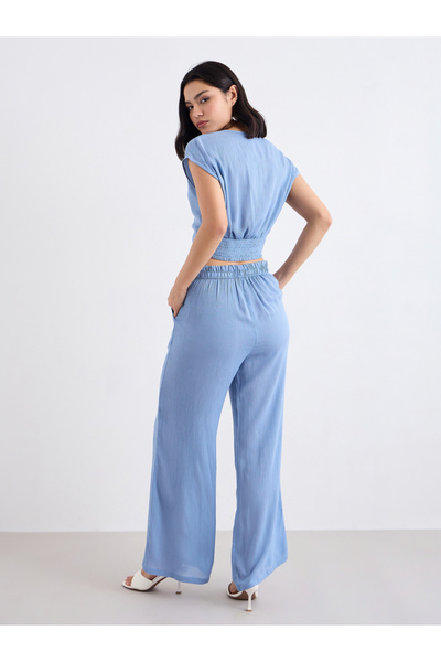 Styli Blue Front Knot Crop Top and Pants Co-Ords