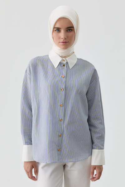 Tuğba Kombinli Çizgili Gömlek - Lacivert