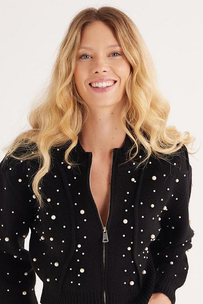 Tudors Women's Regular Fit Classic Cut Pearl Embroidered Black Cardigan