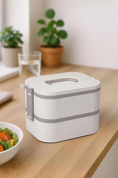 Okyanus Home Lunch Box with Stainless Steel Chamber 2 Layer Self Fork Spoon Lunch Box Beige