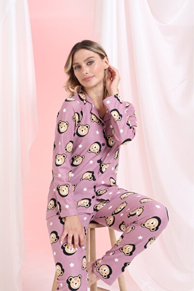Elit Lilac Teddy Bear Front Buttoned Winter Suede Women's Pajama Set