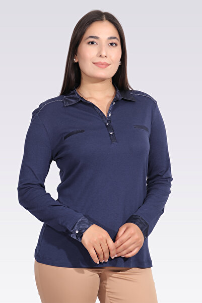 TOLGA SARAÇOĞLU 10664 Dark Blue Satin Decorated Stylish Knitted Bluz