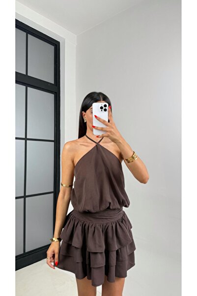 Gaus Kahve Boyundan Bağlamalı Katlı Tasarım Mini Elbise GAUS-0040