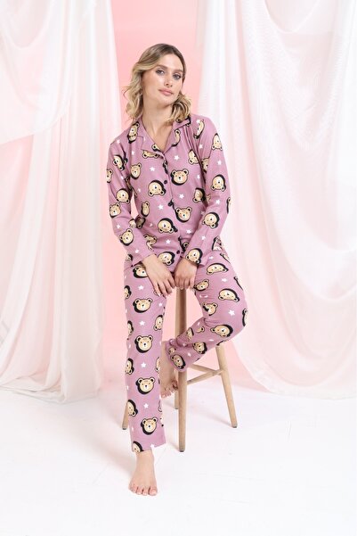 Elit Lilac Teddy Bear Front Buttoned Winter Suede Women's Pajama Set