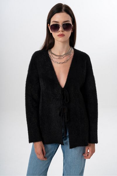 NATUFIAN STORE Women's Short Shaggy V-Neck Tie-Up Basic Long Cardigan