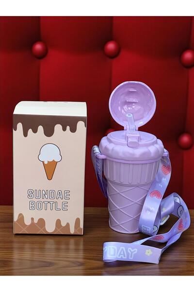 SANALTİCARETİM 500 ml Purple Flask with Ice Cream Shaped Straw