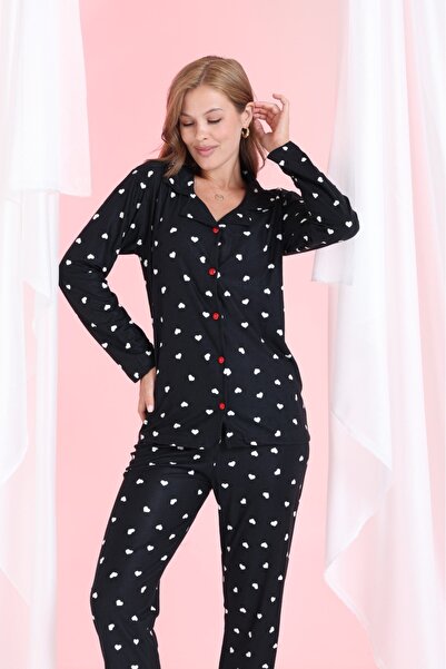 Elit Black Tiny Heart Front Buttoned Winter Suede Women's Pajama Set