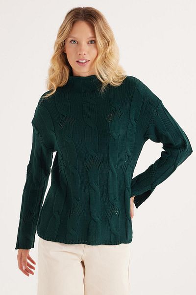 Tudors Women's Regular Fit Classic Cut Half Turtleneck Knitted Patterned Green Sweater