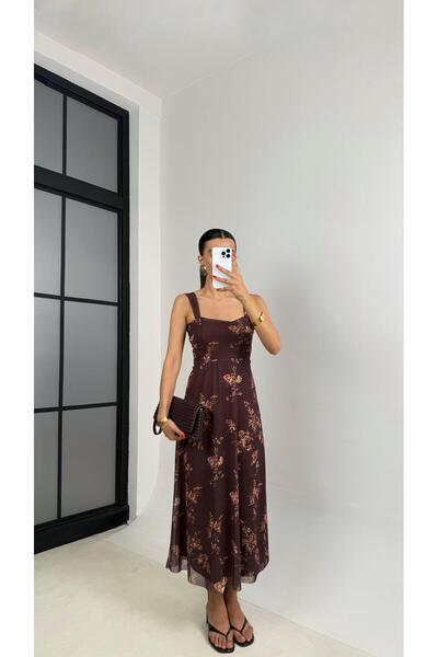 Gaus Kahve Askılı Dantel Detaylı Çiçek Desenli Astarlı Elbise GAUS-0046