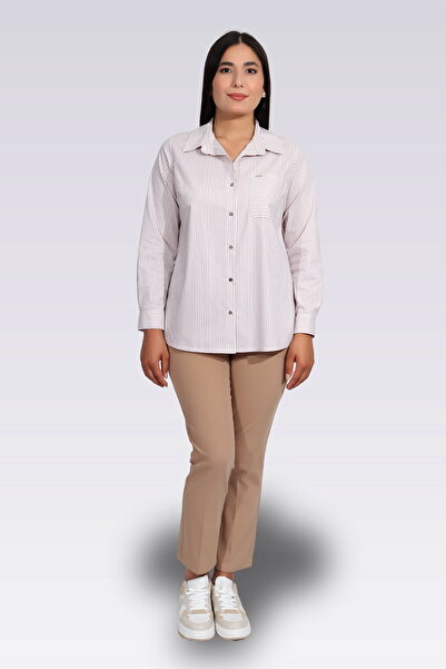 TOLGA SARAÇOĞLU 11037 Beige Cotton Mixed Striped Shirt