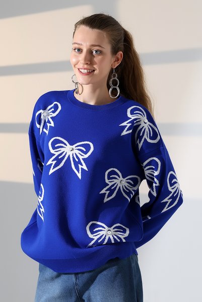 ALCHON Round Neck Long Sleeve Bow Tie Bow Pattern Jacquard Panel Pearl Detail Knitwear Winter Sweater