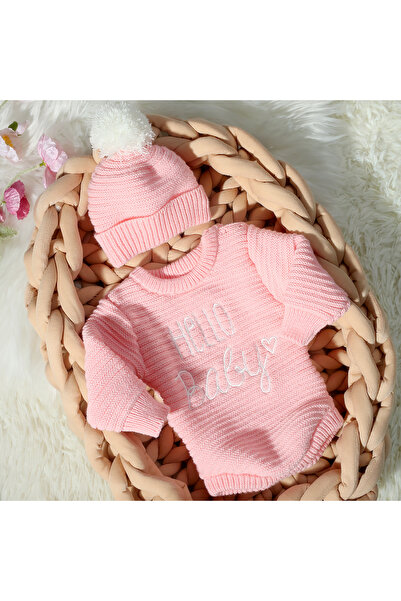 Choice طقم رومبير وقبعة بوم بوم لحديثي الولادة من Ylsteed Hello Baby باللون الوردي من عمر 0 إلى شهر واحد، محبوك للفتيات حديثي الولادة