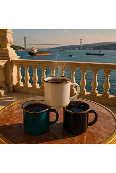 Veliday Lotus 3 Adet Emaye Kamp Kupa Bardak * Fildişi - Rize Yeşili - Siyah E...