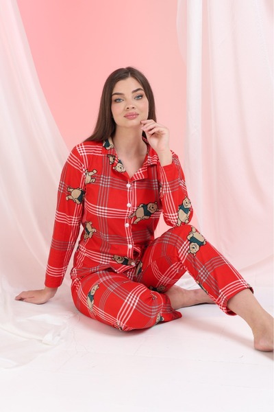 Elit Red Plaid Winnie Bear Front Button Winter Suede Velvet Women's Pajamas Set