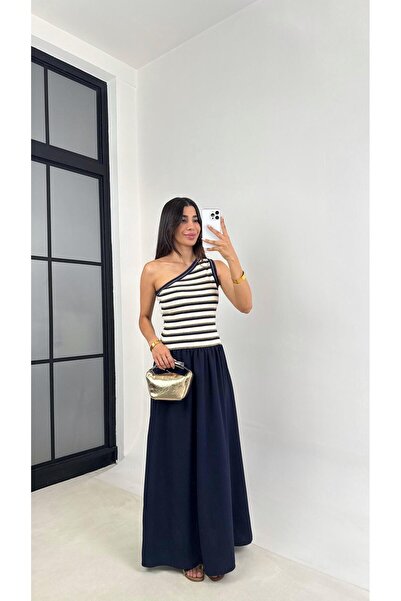 Gaus Lacivert Tek Omuz Gold Şerit Detaylı Triko Elbise GAUS-0069