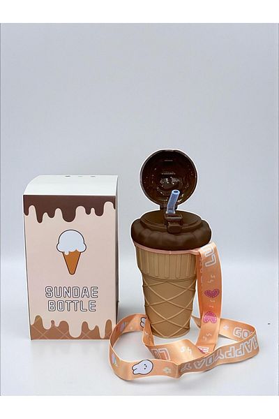 SANALTİCARETİM 500 ml Brown Flask with Ice Cream Shaped Straw