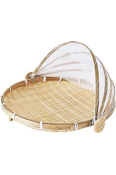 Türkiye 1pc Handwoven Natural Bamboo Food Cover Basket, Dust-proof Handmade Food Basket with Gauze