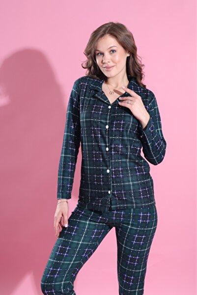 Elit Khaki Plaid Front Buttoned Winter Suede Women's Pajama Set