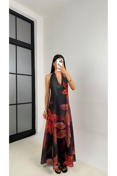 Gaus Black Orange Floral Pattern Halter Lined Design Linen Dress Gaus-0020