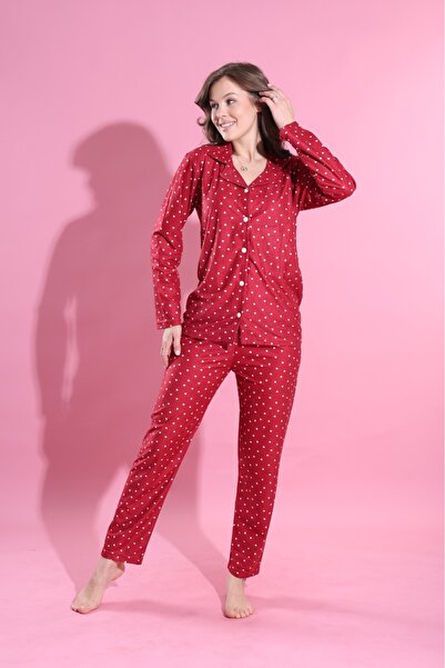 Elit Kırmızı Minik Kalp Önden Düğmeli Kışlık Süet Kadın Pijama Takımı