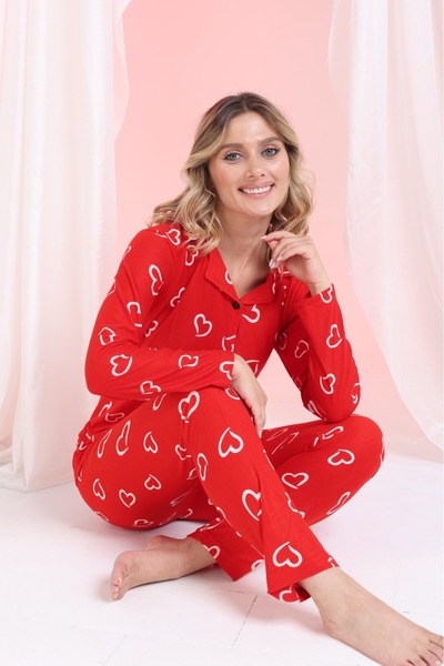 Elit Red Line Heart Front Button Winter Suede Velvet Women's Pajama Set