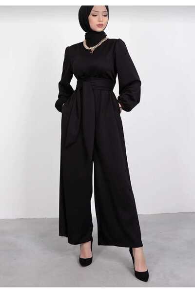 Gülmude Stylish Black Hijab Jumpsuit with Wide Belt Wrap