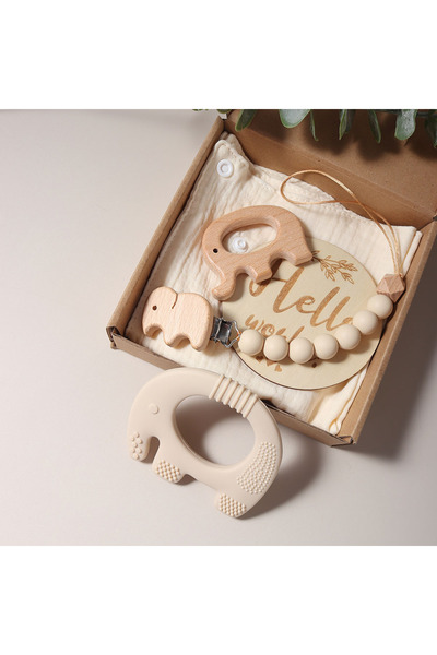 Choice3 Beige set with box Baby bibs Gift Set With flamingo Teething Pacifier...